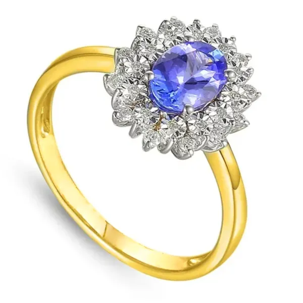 Złoty 585 Pierścionek Tanzanit Diamenty Grawer