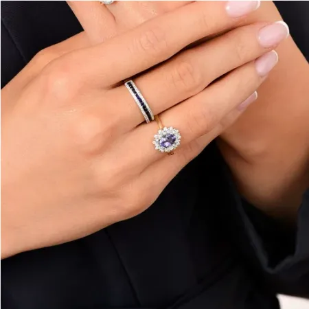 Złoty 585 Pierścionek Tanzanit Diamenty Grawer