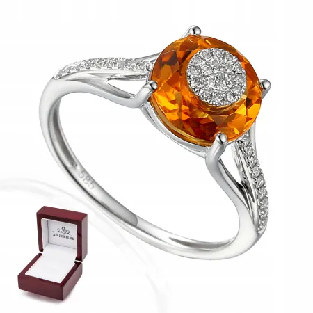 PIERŚCIONEK BIAŁE ZŁOTO 585 CYTRYN DIAMENTY GRAWER