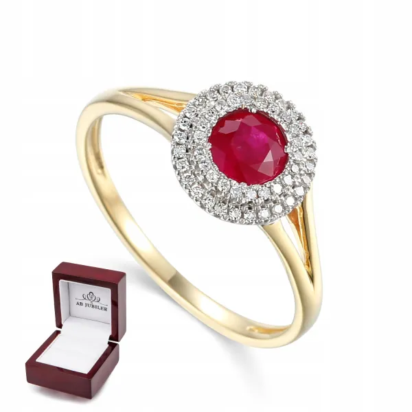 ZŁOTY PIERŚCIONEK RUBIN DIAMENTY PRÓBA 585 GRAWER