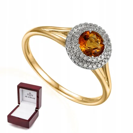 ZŁOTY 585 PIERŚCIONEK CYTRYN DIAMENTY GRAWER