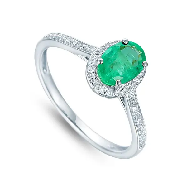 PIERŚCIONEK 585 SZMARAGD DIAMENTY BIAŁE ZŁOTO