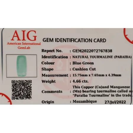 Naturalny Turmalin Paraiba 4,66 ct + Certyfikat