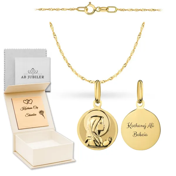 Złoty 585 Łańcuszek z Medalikiem Matka Boska 45cm