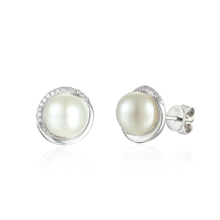 KOLCZYKI 585 BIAŁE ZŁOTO PERŁY DIAMENTY SZTYFT