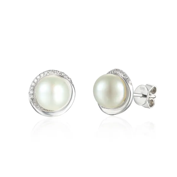 KOLCZYKI 585 BIAŁE ZŁOTO PERŁY DIAMENTY SZTYFT