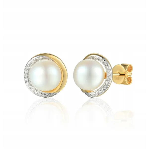 ZŁOTE 585 KOLCZYKI PERŁY DIAMENTY SZTYFT PREZENT