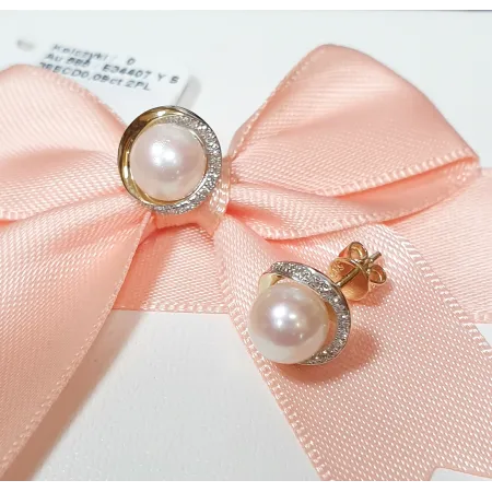 ZŁOTE 585 KOLCZYKI PERŁY DIAMENTY SZTYFT PREZENT