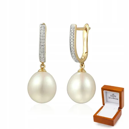 KOLCZYKI PRÓBA 585 PERŁY DIAMENTY BIAŁE ZŁOTO