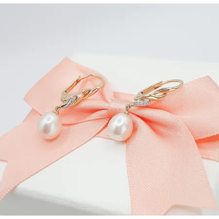 ZŁOTE ELEGANCKIE 585 KOLCZYKI PERŁY DIAMENTY