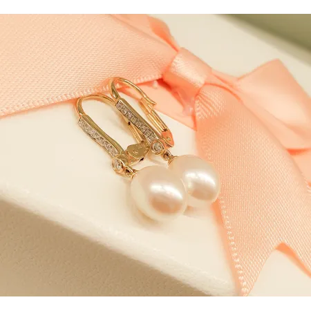 ZŁOTE KOLCZYKI PERŁY DIAMENTY PATENTKA PRÓBA 585