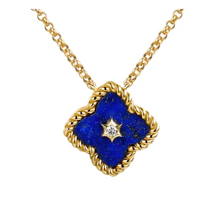 Złoty Naszyjnik 585 Lapis i Diamenty Koniczynka