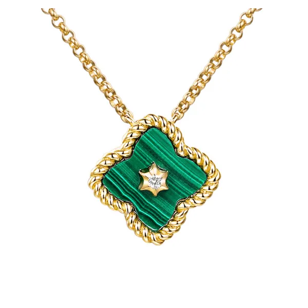 Złoty Naszyjnik 585 Malachit i Diamenty Koniczynka