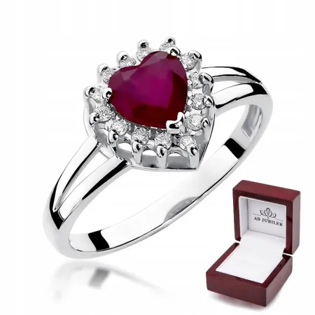Pierścionek Rubin 1,10ct Brylant Serce Białe Złoto