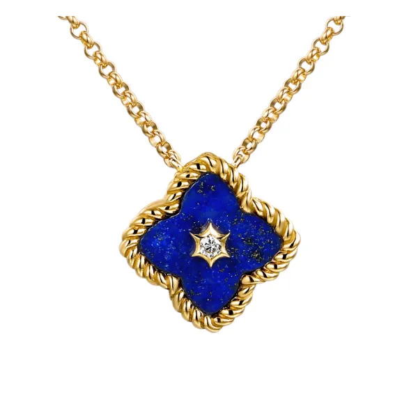 Złoty Naszyjnik 585 Lapis i Diamenty Koniczynka
