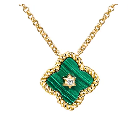 Złoty Naszyjnik 585 Malachit i Diamenty Koniczynka