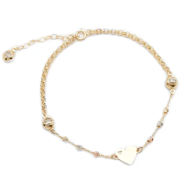 Złota  Bransoletka Kulki Cyrkonie Dwa Serca