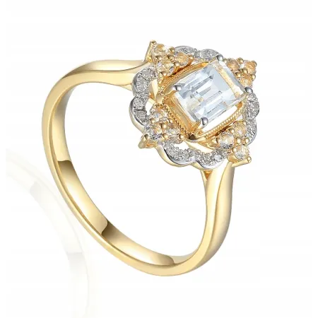 ZŁOTY 585 PIERŚCIONEK BIAŁY TOPAZ I DIAMENTY