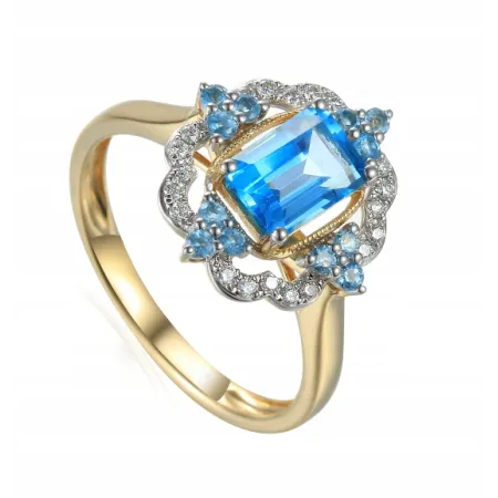 ZŁOTY PIERŚCIONEK TOPAZ DIAMENTY PRÓBA 585