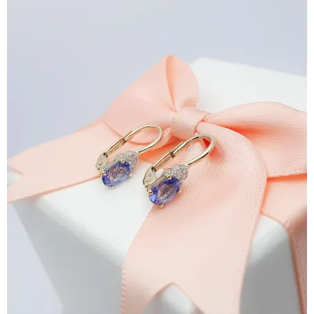 ZŁOTE 585 KOLCZYKI TANZANIT I DIAMENTY NA PREZENT