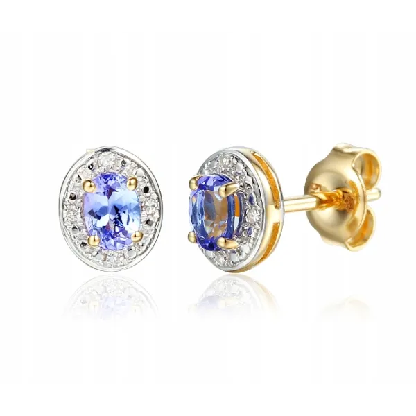 ZŁOTE KOLCZYKI TANZANIT DIAMENT 585 SZTYFT PREZENT