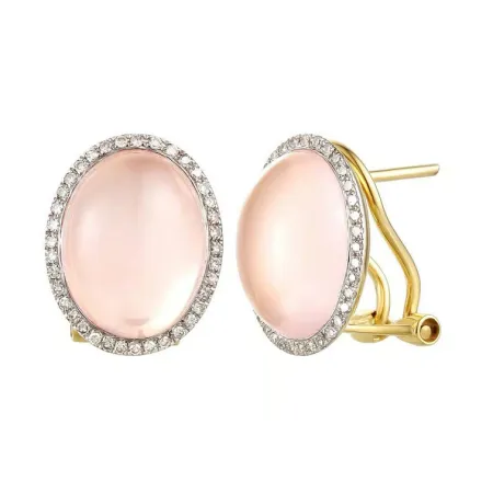 ZŁOTE KOLCZYKI Z RÓŻOWYM KWARCEM I DIAMENTAMI 