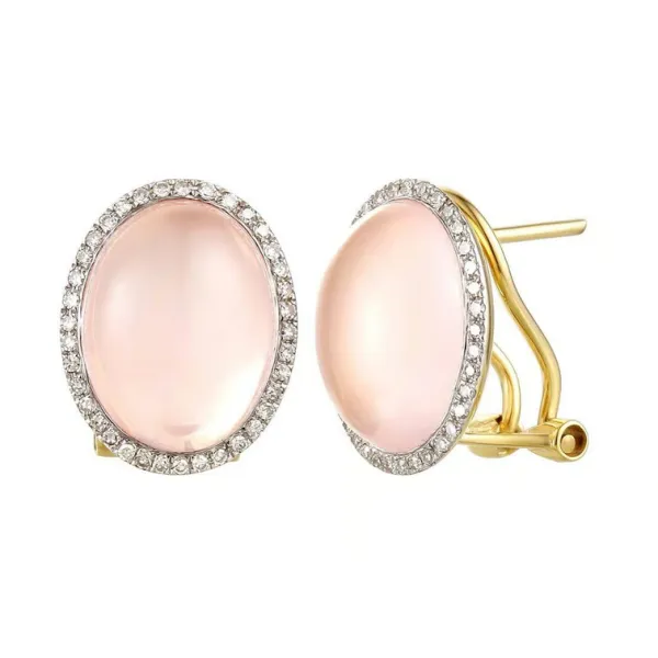 ZŁOTE KOLCZYKI Z RÓŻOWYM KWARCEM I DIAMENTAMI 