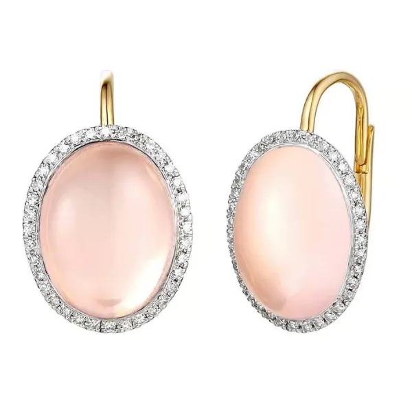 ZŁOTE KOLCZYKI Z RÓŻOWYM KWARCEM I DIAMENTAMI