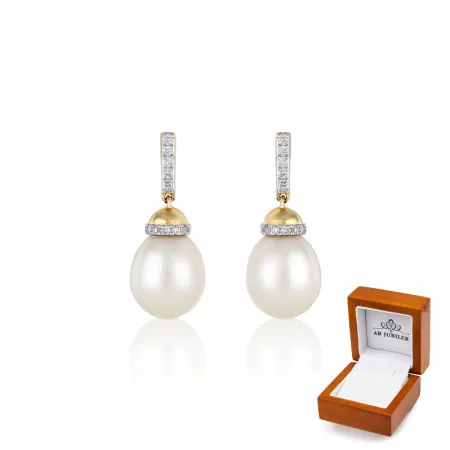 ELEGANCKIE WISZĄCE KOLCZYKI 585 PERŁY DIAMENTY
