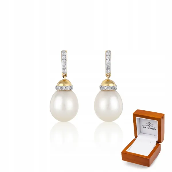 ELEGANCKIE WISZĄCE KOLCZYKI 585 PERŁY DIAMENTY