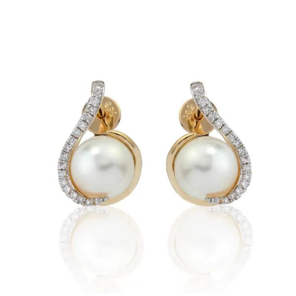 ZŁOTE ELEGANCKIE KOLCZYKI PERŁY DIAMENTY PRÓBA 585