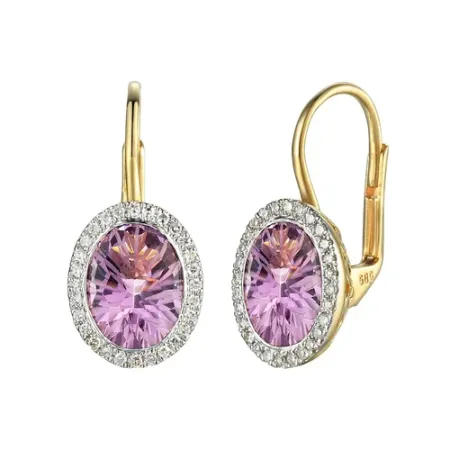 ZŁOTE KOLCZYKI AMETYST DIAMENTY PATENTKA PRÓBA 585