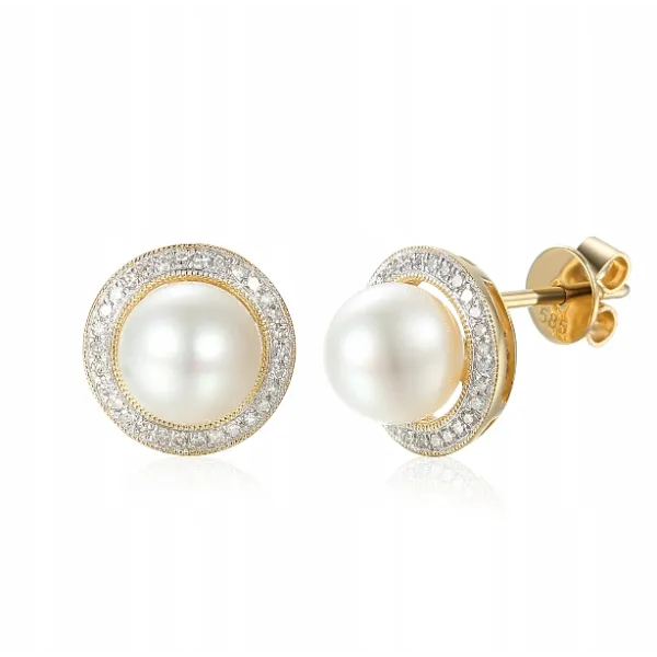 ZŁOTE ELEGANCKIE KOLCZYKI 585 PERŁY DIAMENTY