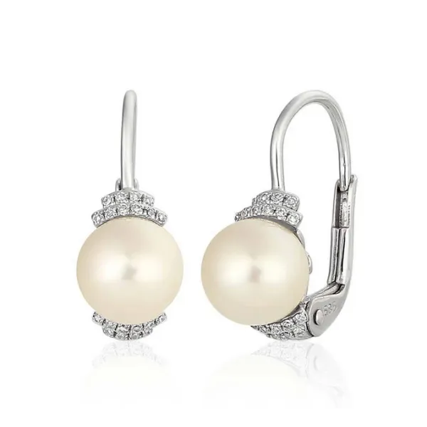 ZŁOTO BIAŁE 585 ELEGANCKIE KOLCZYKI PERŁY DIAMENTY