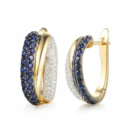 ZŁOTE ELEGANCKIE 585 KOLCZYKI SZAFIR DIAMENTY