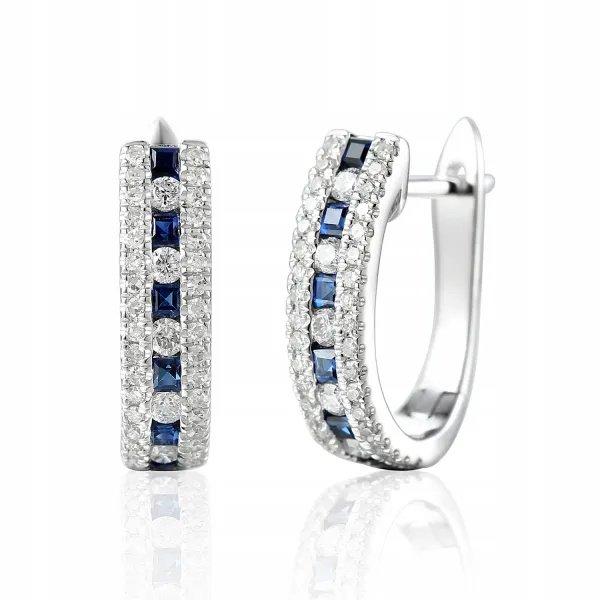 KOLCZYKI SZAFIRY DIAMENTY BIAŁE ZŁOTO PRÓBA 585