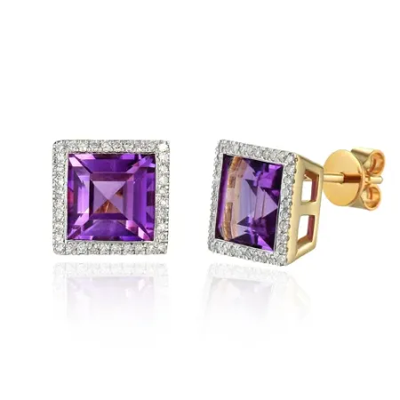 Złote 585 Kolczyki Ametyst Diamenty Sztyft
