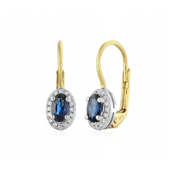 ZŁOTE 585 KOLCZYKI SZAFIR DIAMENTY PATENTKA