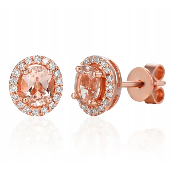 KOLCZYKI 585 MORGANIT DIAMENTY RÓŻOWE ZŁOTO SZTYFT