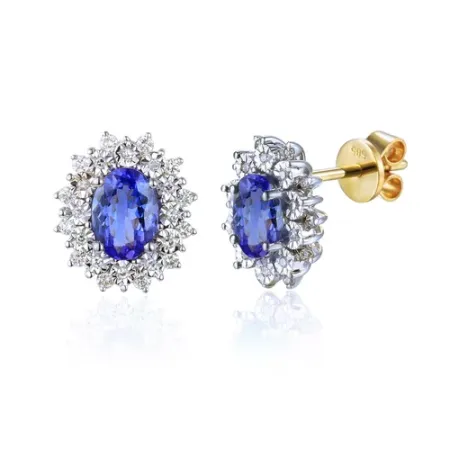 Złote Kolczyki Tanzanit Diamenty pr 585 Sztyft