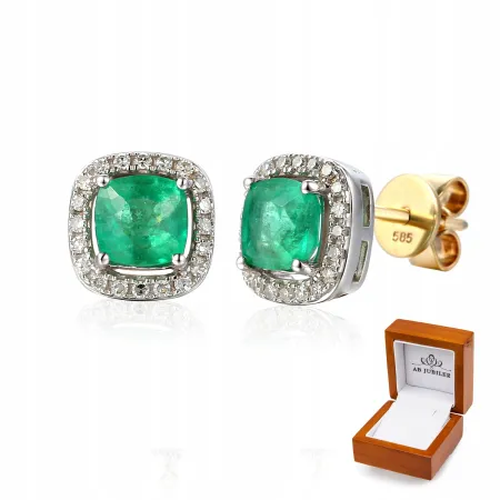 ZŁOTE KOLCZYKI SZMARAGD DIAMENTY PRÓBA 585 SZTYFT