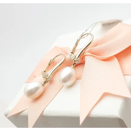 ZŁOTE KOLCZYKI PERŁY DIAMENTY PATENTKA PRÓBA 585