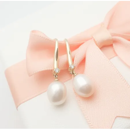 ZŁOTE KOLCZYKI PERŁY DIAMENTY PATENTKA PRÓBA 585