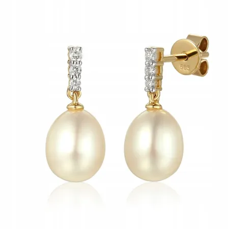 ZŁOTE WISZĄCE KOLCZYKI PERŁY DIAMENTY 585 SZTYFT