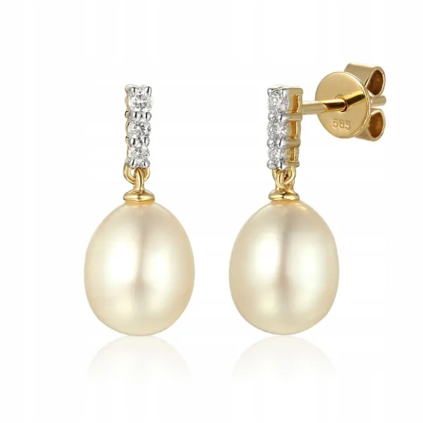 ZŁOTE WISZĄCE KOLCZYKI PERŁY DIAMENTY 585 SZTYFT