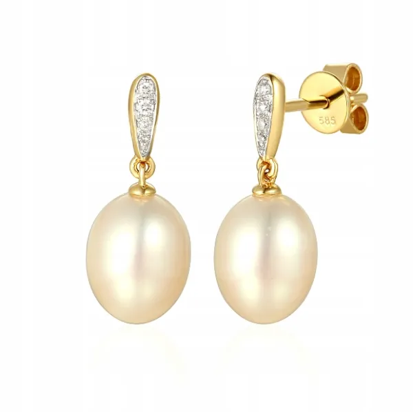 ZŁOTE KOLCZYKI 585 PERŁY I DIAMENTY ELEGANCKIE