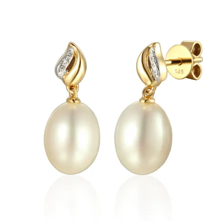 Złota 585 Kolczyki Perły Diamenty Sztyft Prezent