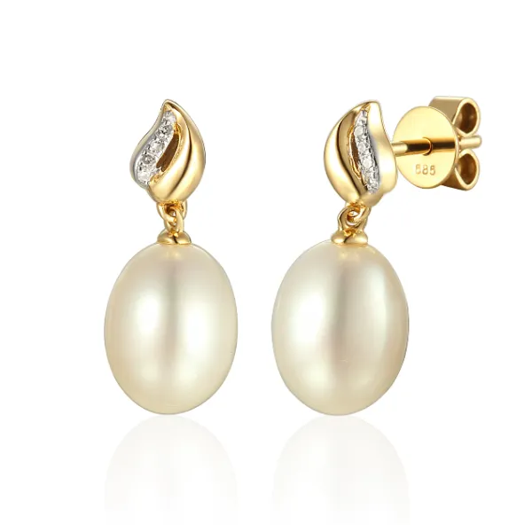 Złota 585 Kolczyki Perły Diamenty Sztyft Prezent