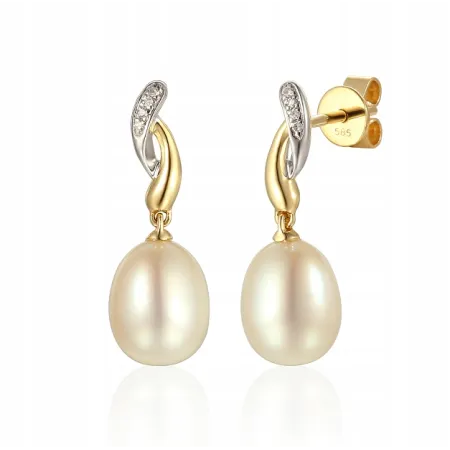 ZŁOTE WISZĄCE KOLCZYKI PERŁY DIAMENTY PRÓBA 585