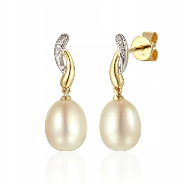 ZŁOTE WISZĄCE KOLCZYKI PERŁY DIAMENTY PRÓBA 585